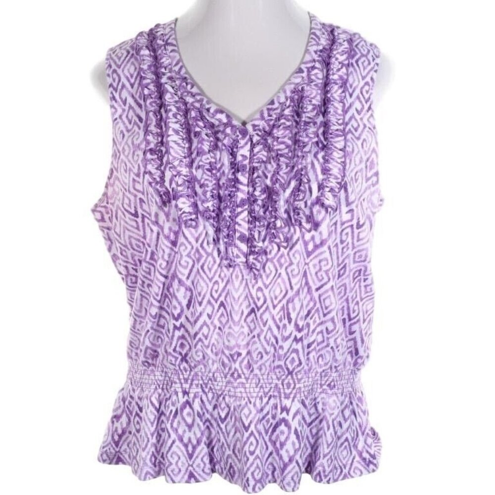 Jones NY Sport Top Women Size XL Cotton Ruffles V Neck Sleeveless Purple - Picture 1 of 11